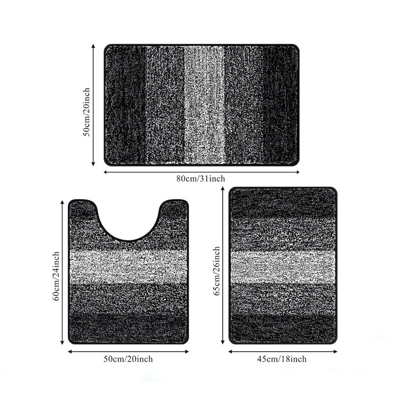 3 Piece set Rectangle Bath Mat, Black