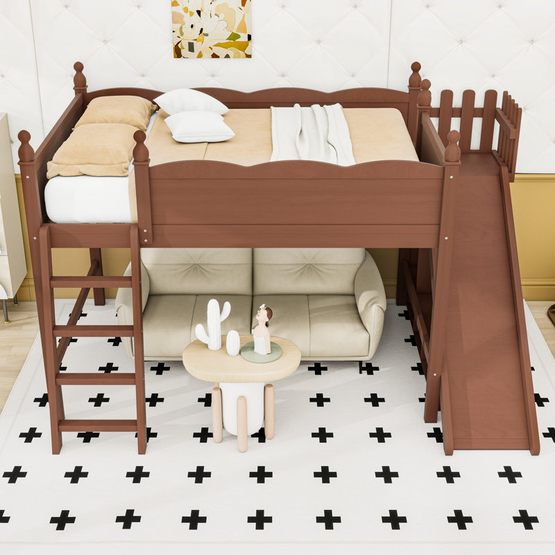 Lit mezzanine avec tablettes de rangement et garde-robe, Lit double, Naturel foncé
