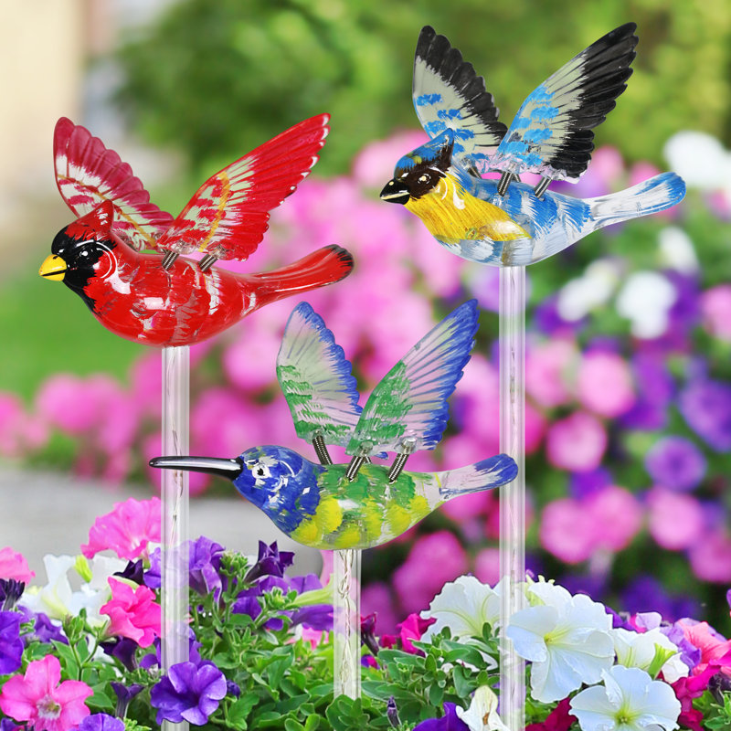Exhart Solar WindyWing Garden Stake Set of Cardinal, Hummingbird and Blue Bird with Colored LED Lights, 4x27"