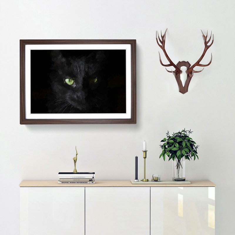 Black Cat with Green Eyes in Abstract - Picture Frame Graphic Art Print, Walnut Framed, 48cm H x 65cm W x 2cm D