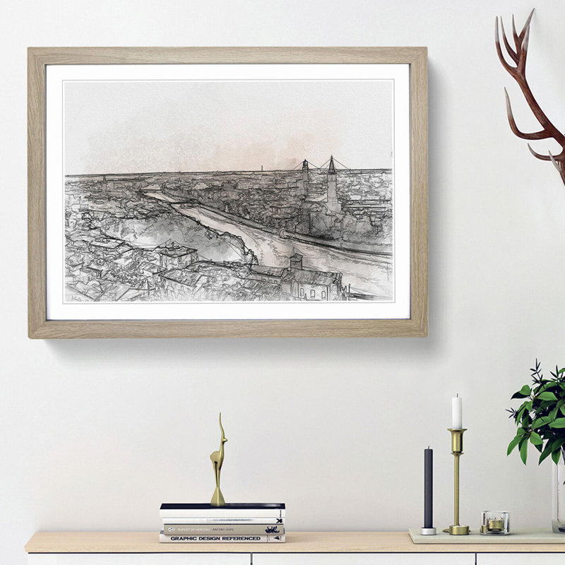 Skyline of Verona Italy in Abstract - Framed Print, 36cm H x 48cm W x 2cm D, Oak Framed
