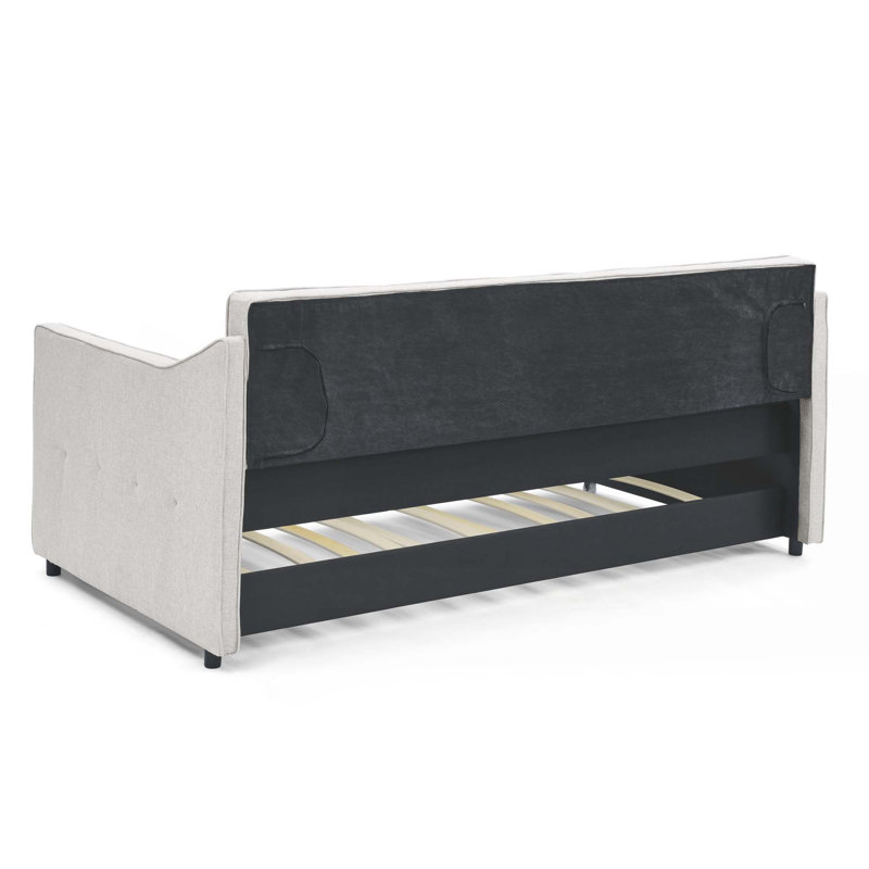 Lit de jour avec canapé-lit capitonné de taille simple avec accoudoirs ondulés, Beige