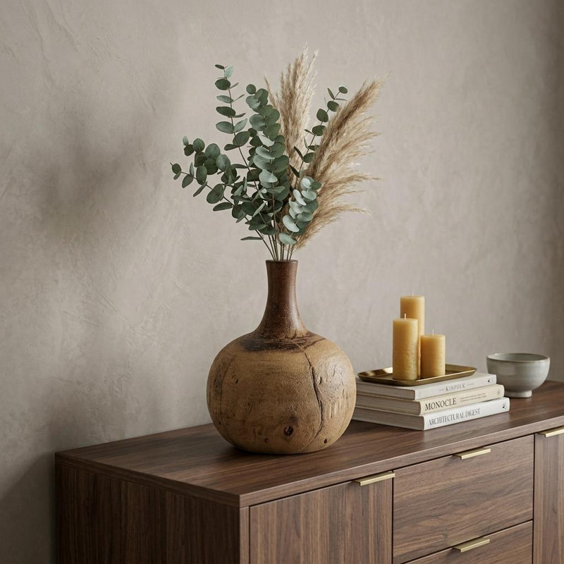 7" Brown Abstract Cylinder Solid Wood Table Vase, 8" H x 7" W x 7" D