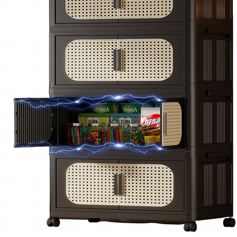 5-Tier Folding Plastic Storage Cabinet with Wheels & Magnetic Doors, Black