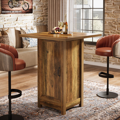 31.5" Square Bar Table with Storage Cabinet & Detachable Wine Slots, Rustic Brown