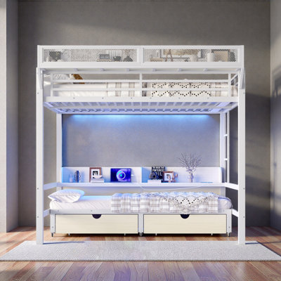 Lit superposé avec tablettes et tiroirs de rangement, lits superposés en métal multifonctionnels avec ports USB et lumières DEL, lit inférieur qui peut être converti en canapé
