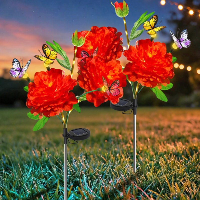 Sunflowers Solar Garden Lights,Peony Flowers And Butterfly Lights,Swaying With The Wind,Mother's Day Gift(Set of 2), Red