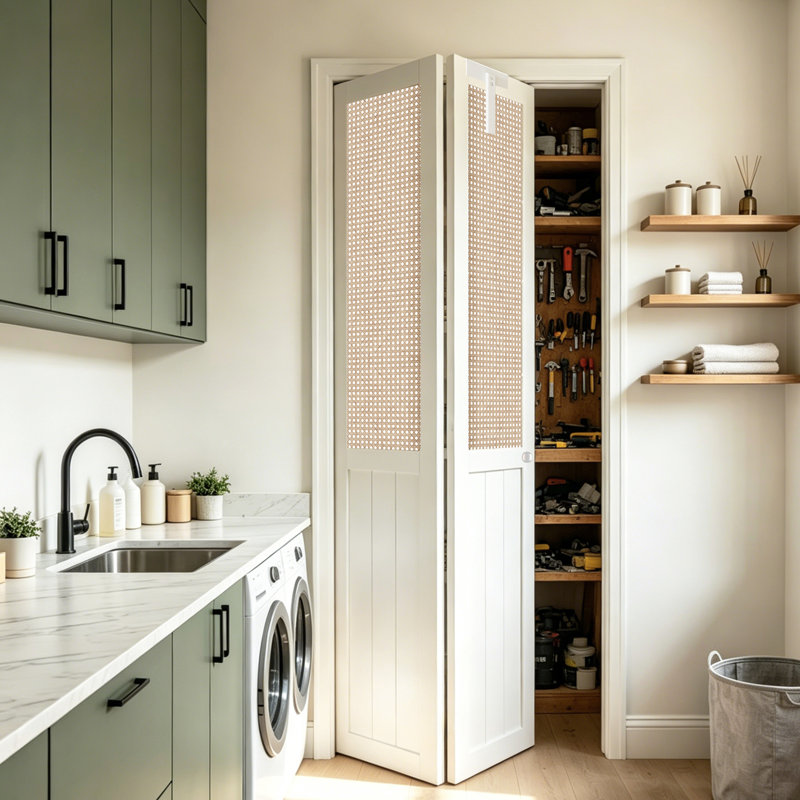 Porte pliante en rotin pliable - Porte pliante en panneau de fibres à densité moyenne à peindre blanc avec poignée en T tissé à panneau en T et poignée pour garde-manger, buanderie et chambre à coucher