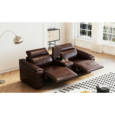 3 canapés modulaires confortables de couleur brun foncé avec 2 porte-gobelets et fauteuil inclinable électrique, conception moderne convenant aux petits espaces, sièges réglables en cuir respirant avec cadre en bois, espace de rangement inclinable, p