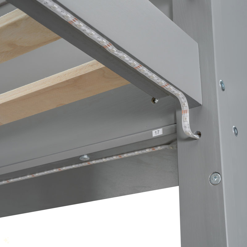 Wood Gaming Loft Bed With Desk, Multi-Storage Shelves, LED And A Hanging Clothes Rack, Twin