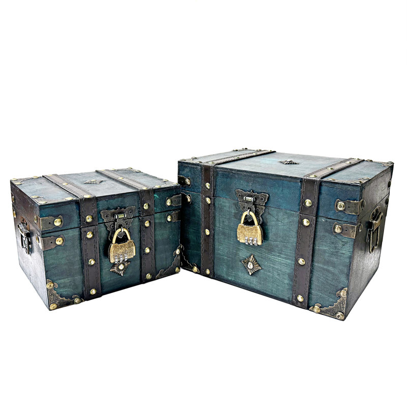 Wooden Treasure Box Set With Lock, Turquoise