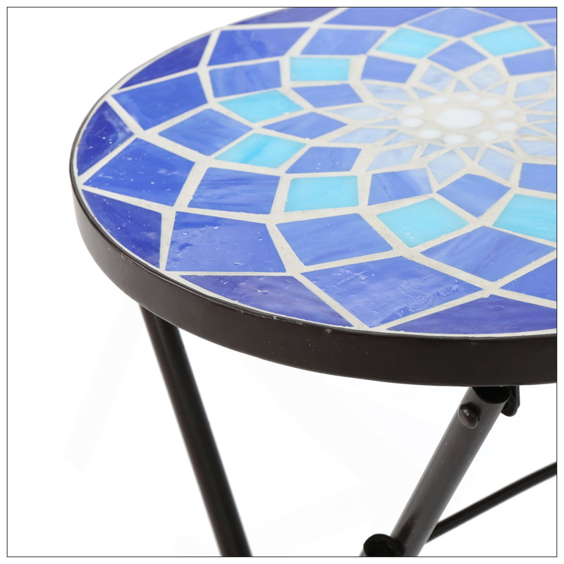 Table d'appoint d'extérieur pliante avec plateau en verre et cadre en fer, blanc et bleu