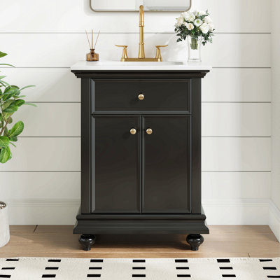 Meuble-lavabo moderne de 24 po avec tiroir basculant et charnières à fermeture en douceur, armoire de salle de bain avec structure ouverte à l'arrière, pieds tournés en boule avec élégance française