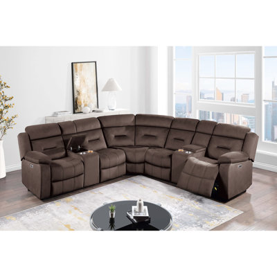 Contemporary Power Motion Sectional With Chocolate Velvet Upholstery, Two Console Cup Holders, Solid Wood Frame, 5 Seats For Primary Living In Velvet, And Plywood, - Seat Room