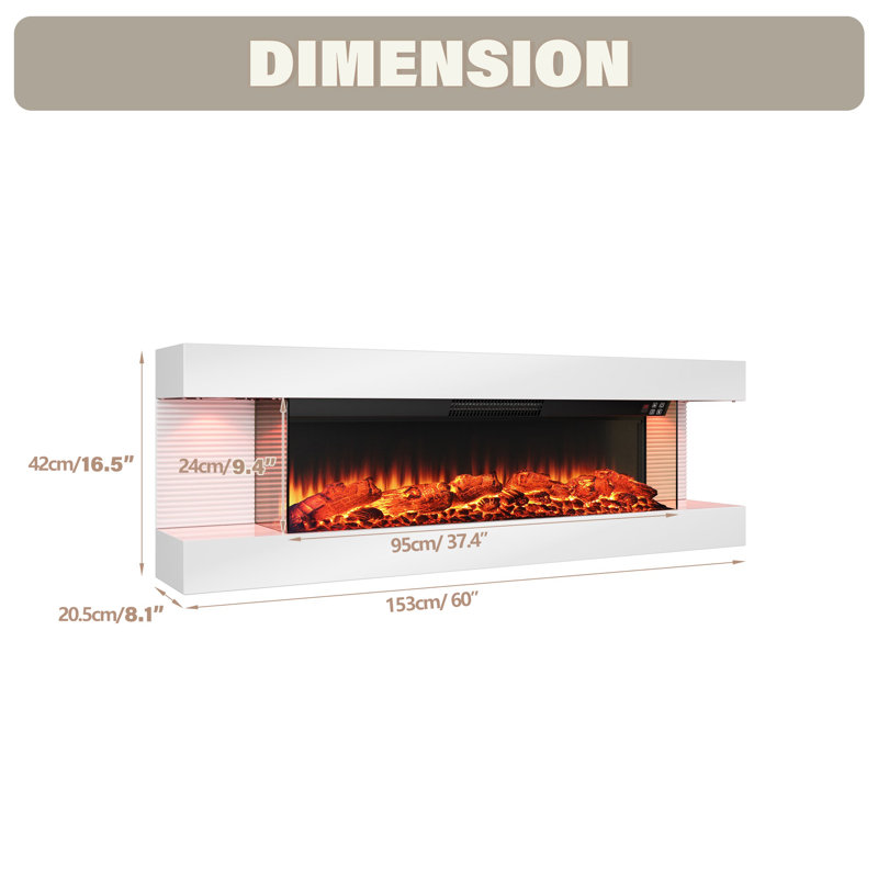 60" Glassless Wall Mounted Electric Fireplace, Multi Ambient Light Colors, Remote, 1500W Heater, White