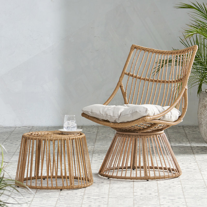 WICKER HIGH-BACK CHAIR With Side Table, Light Gray Cushion/Light Brown Frame