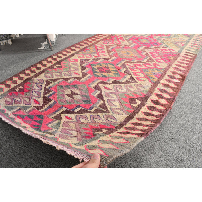 Tapis de style kilim turc rétro fait à la main pour décoration bohémienne avec laine colorée rose / vert