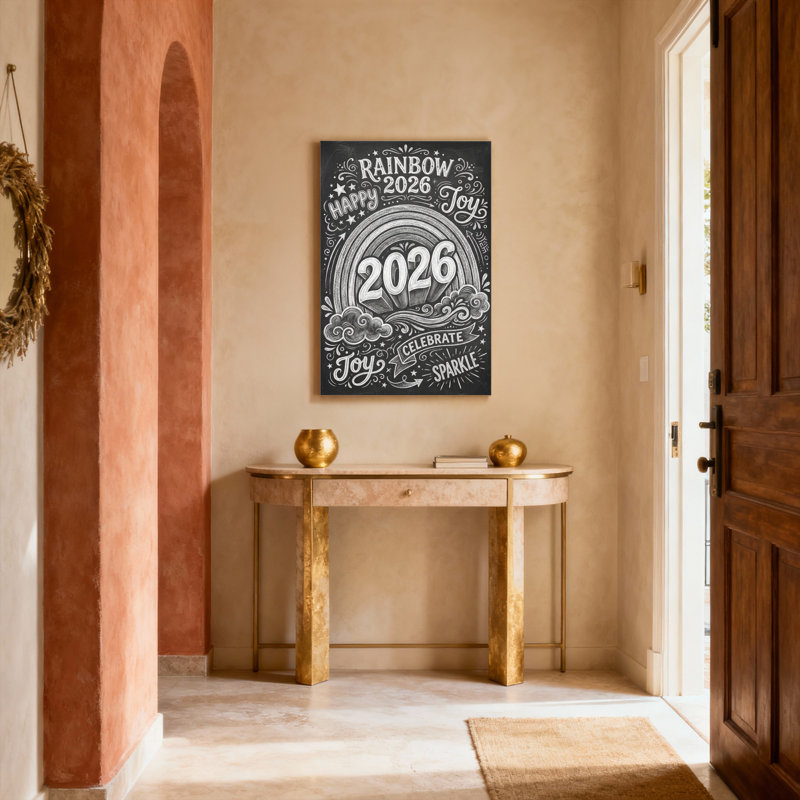 Rainbow 2026, impression sur toile de style tableau noir, "Happy Joy Celebrate Sparkle", impression pour la décoration intérieure et la célébration du Nouvel An