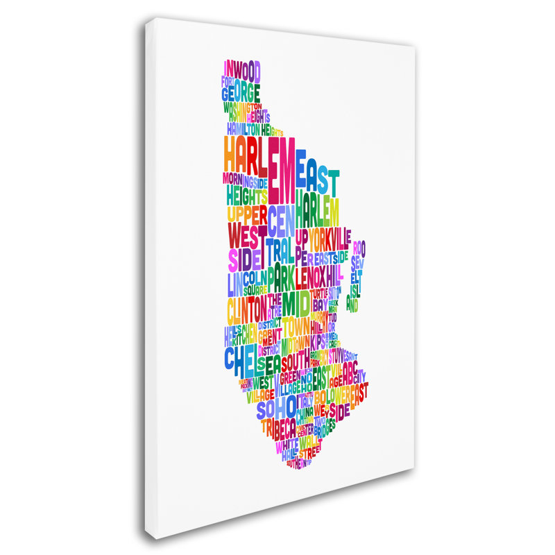 « manhattan new york typographie text map », reproduction d’impression sur toile tendue, H 32 po x l 22 po x P 2 po