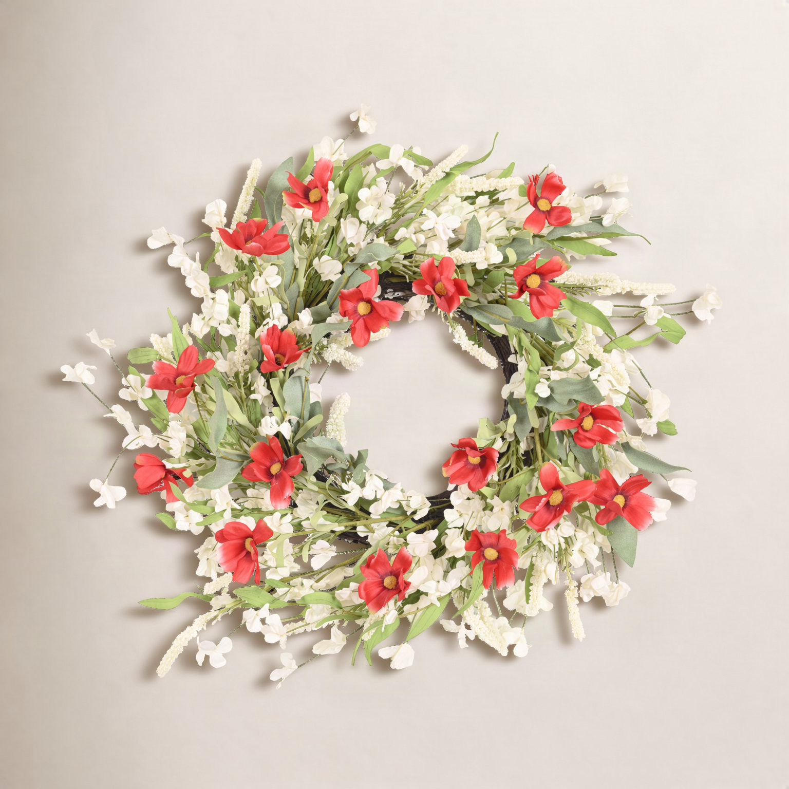 24" Handcrafted Grapevine No Holiday Wreath, Green/Red