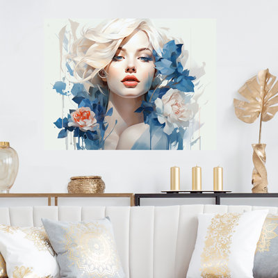 Blue And Beige Woman Chic In Floral Portrait I - Fashion Metal Wall Art MT133271
