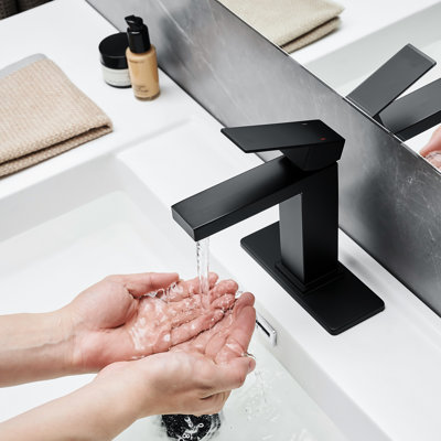 Contemporary Bathroom Basin Faucet, Matte Black Waterfall, Deck Plate, Pop Up Drain, Supply Lines, One Handle , Geometric Design, Side , Cartridge Valve, Tap Waterfall Sink Finish, Mounted, Hole,