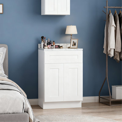 24" Solid Wood White Shaker Base Cabinet W/ Soft-Close Drawer & Double Doors. Adjustable Shelf, Rta – For Kitchen, Bath & Garage (24"Wx34.5"Hx24"D)