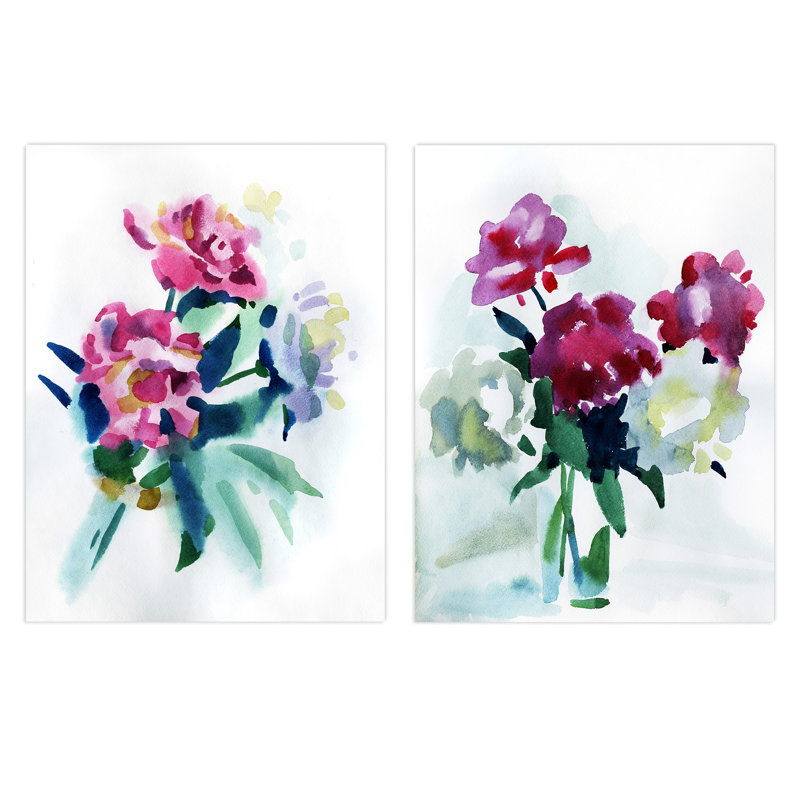 Spring Flower Pink And White Bouquet In Vase Floral Watercolour - 2 Piece No Frame Print Set, 29.7cm H x 21cm W x 0.4cm D