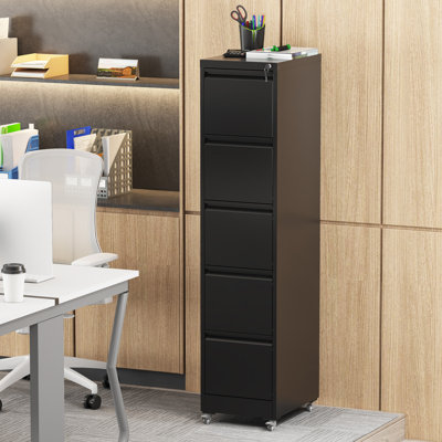 5 Drawer Metal Vertical File Cabinet With Lock On Wheels For Home Office,Heavy Duty Metal Storage Cabinet For A4/Letter/Legal Size Files, Black, 17.71"D*15.16"W*64.17"H
