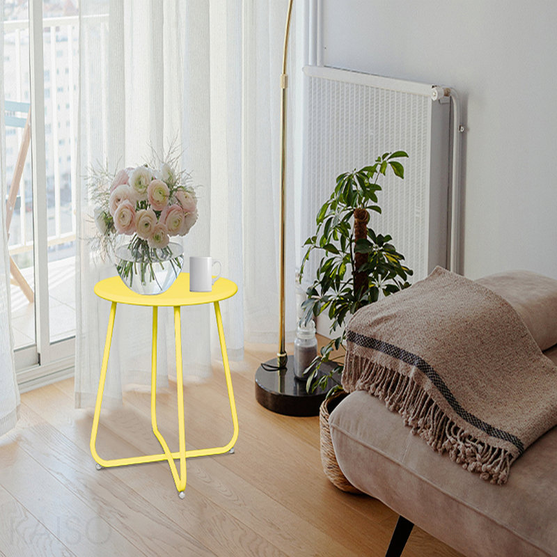  Round Metal End Table, X-Shaped Frame Indoor Outdoor Side Accent Table - Yellow, Yellow