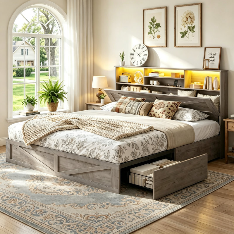 Farmhouse Wood Bed Frame with Bookcase Storage Headboard, 5 Drawers & LED Lights, Grey Wooden Platform Bed with Charging Station, Barn Door Design, No Box Spring Needed