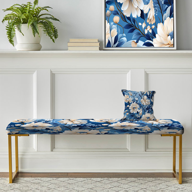 Motif de pivoines bleues et blanches enchantées II - banc rembourré or floral