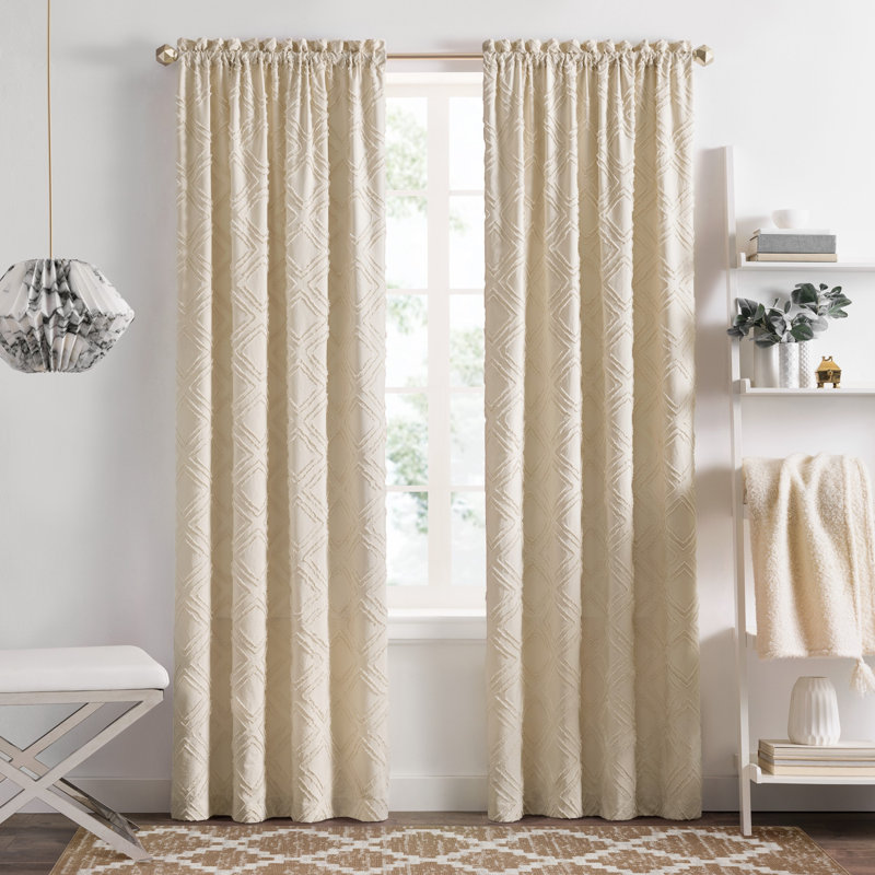 Tan Geometric Diamond Fringe Light-Filtering Rod Pocket Curtain Panel