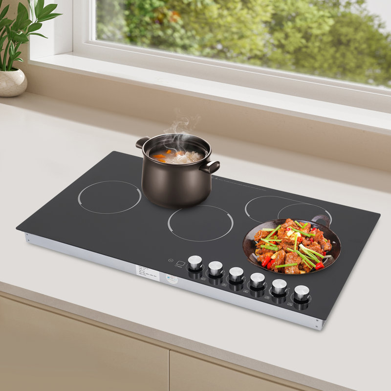 Poêle de comptoir électrique à 5 brûleurs avec minuterie, cuisinière électrique avec commande à bouton 900W + 600W + 900W + 1000W + 600W