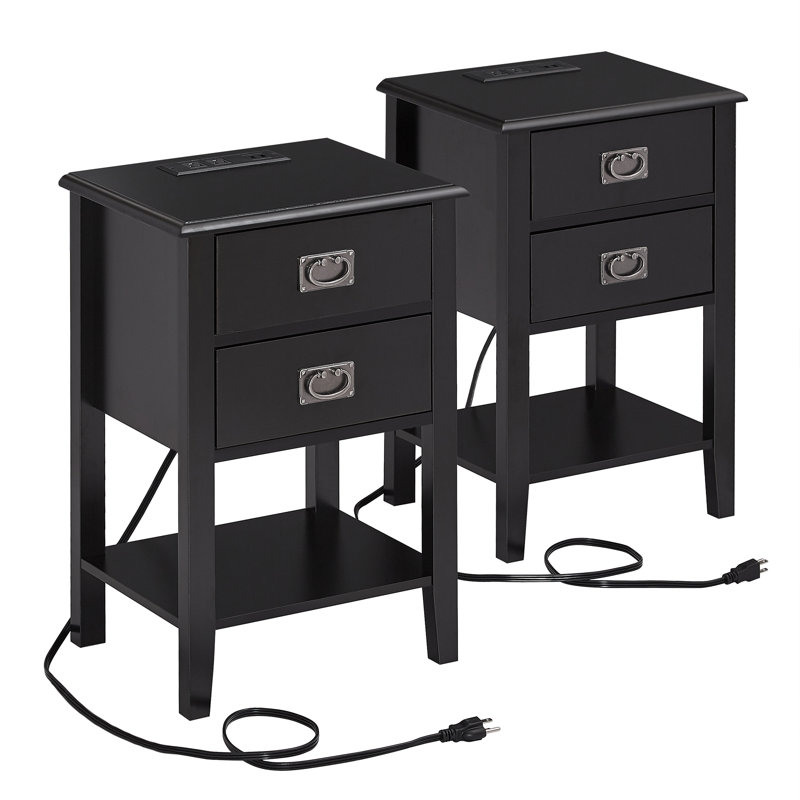 Ensemble de 2 tables de chevet avec 2 tiroirs et station de charge intégrée Miramontes - 2 ports USB et 2 prises de courant, tables de chevet pour chambre à coucher, dortoir, appartement, noir 