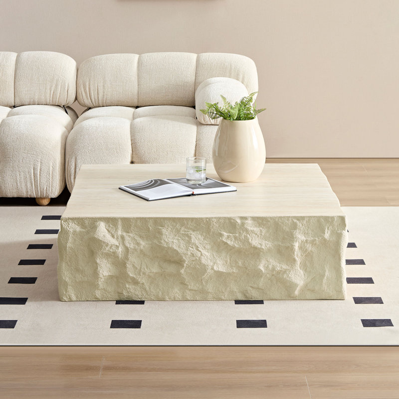  Table basse carrée, imitation pierre moderne à profil bas en bois, beige