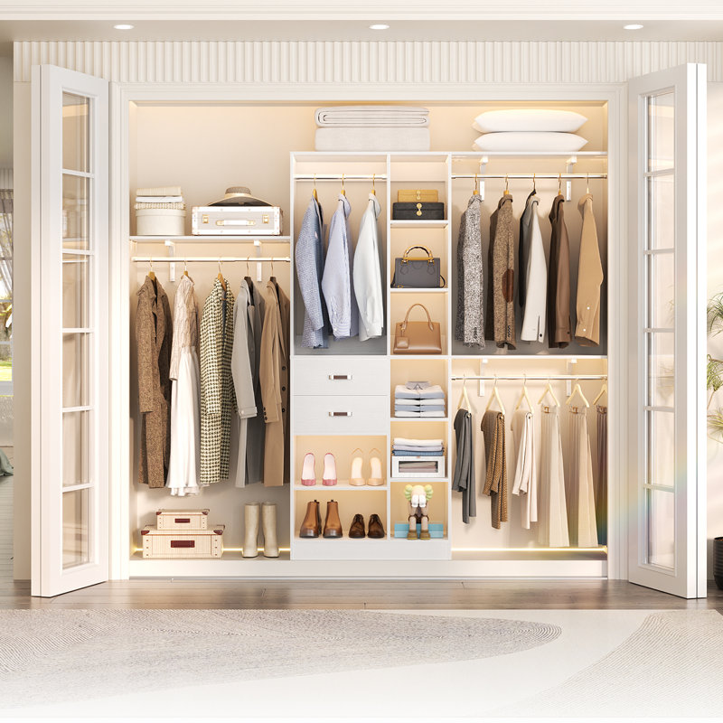 Système d'organisation 96 po avec tiroirs en bois Rhandy (peut être coupé sur mesure), Blanc