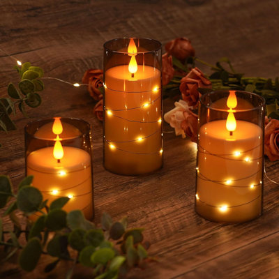 Flameless Candles 3 Set, Flickering Battery Operated Candles With Embedded Fairy Lights, Acrylic Pillar Candles With Remote And Timer For Halloween Home Decor, Grey, D3 X H4 5" 6"
