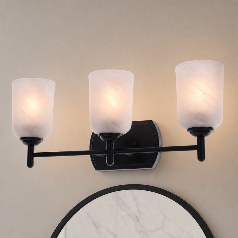 Éclairage de salle de bain noir mat à 3 lumières Laurelhurst, 22 po de largeur, verre marbré blanc, acier, à intensité variable, compatible avec DEL, fixation réversible