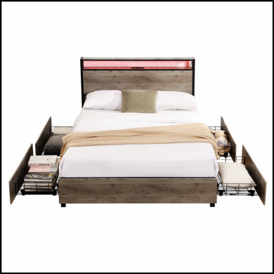 Structure de lit robuste en métal avec tête de lit et station de charge intégrée, parfaite pour les chambres à coucher modernes