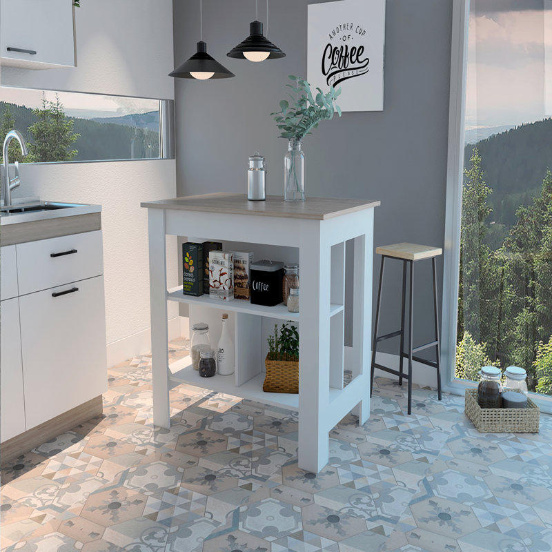 Kitchen Island Antibacterial, Three Shelves, Four Legs, White/Oak