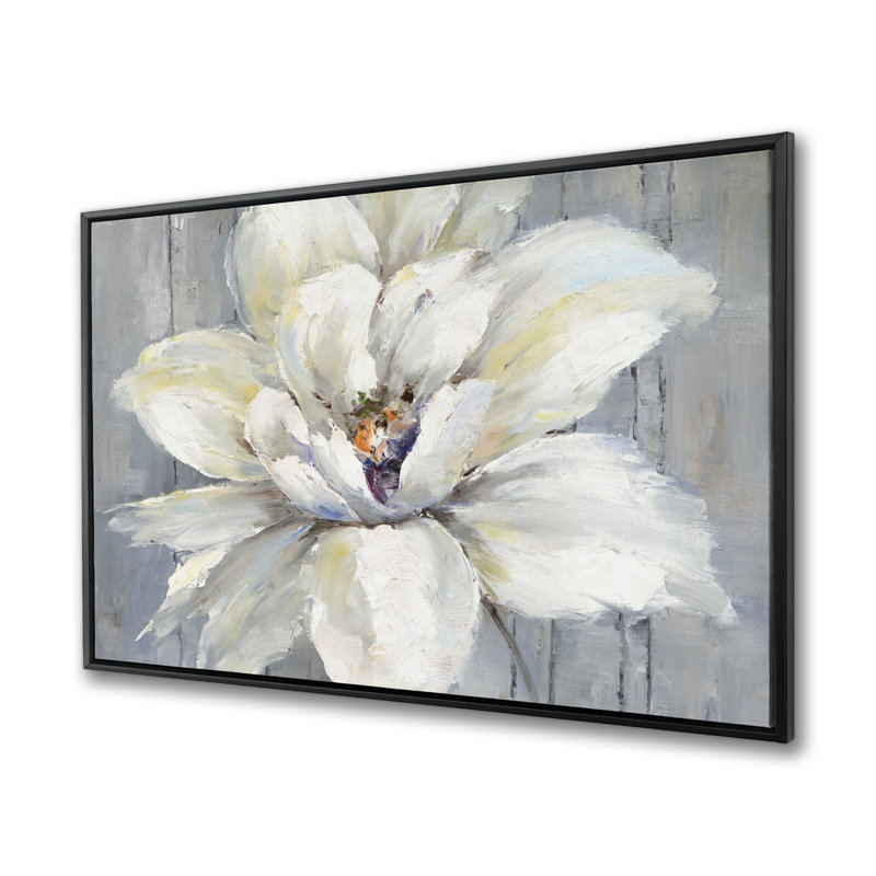 White Flower on Wood - Gray Office Framed Canvas Decor