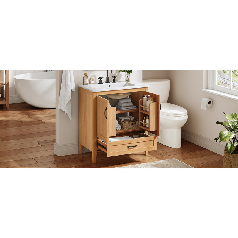 Meuble-lavabo de salle de bain de 76 cm (30 po) en bois naturel avec lavabo, portes à fermeture amortie et tiroir inférieur