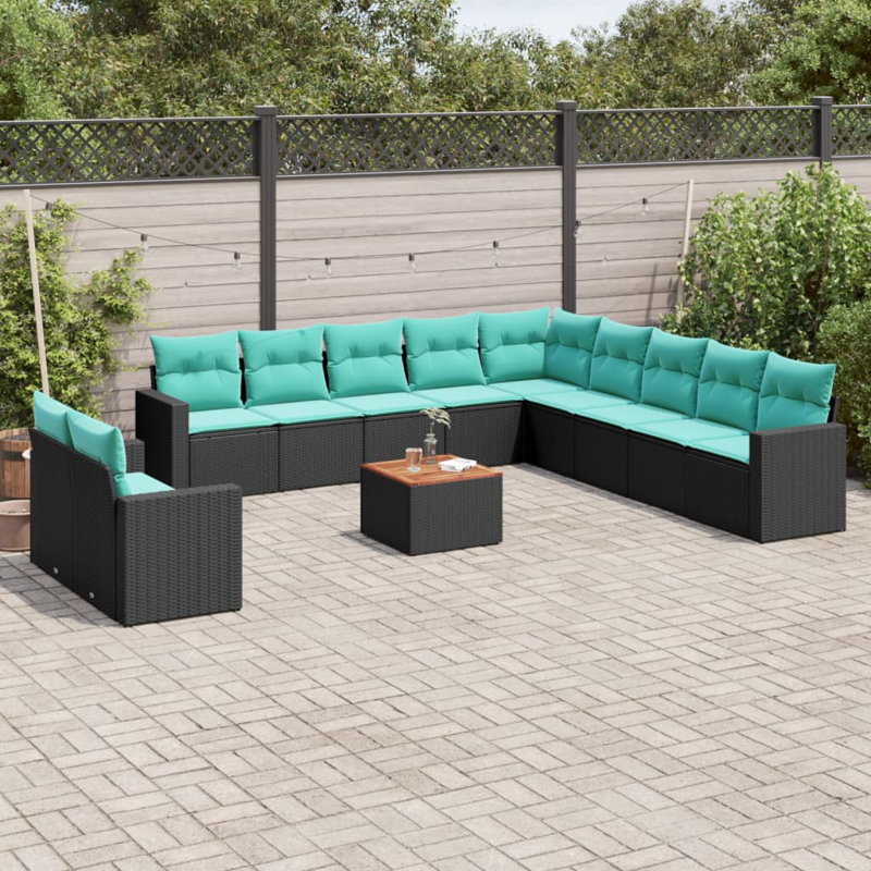Ensemble de canapé de patio 12 pièces avec coussins en rotin de polyester, Bleu clair, Noir