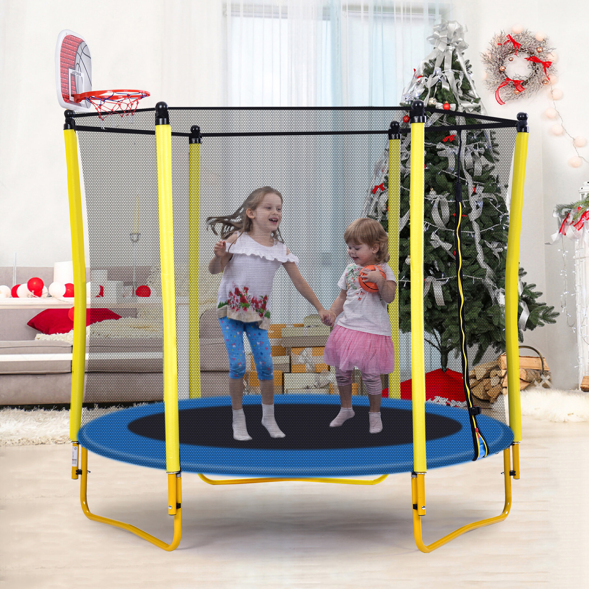 Blodig velgørenhed Dum Balight Trampoline For Kids Outdoor & Indoor Mini Trampoline With  Enclosure, Basketball Hoop And Ball ,5.5FT | Wayfair