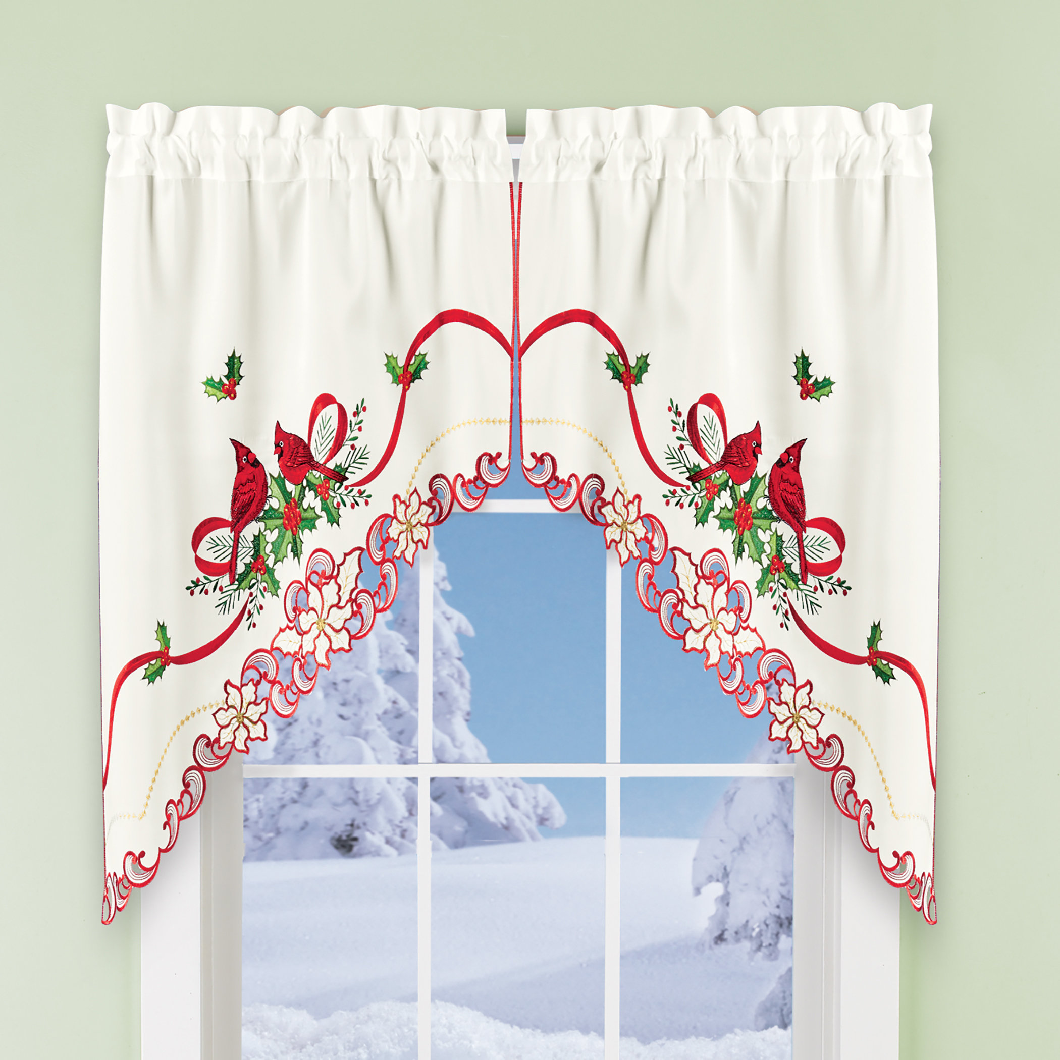 The Holiday Aisle® Josebe Floral Swag 30'' W Cafe Curtain Red | Wayfair