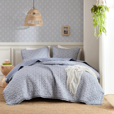 Imprimé bleu à 3 volants pour très grand lit, microfibre de peau, volants doubles, rembourrage de 150 g / m² pour un confort douillet à double couche