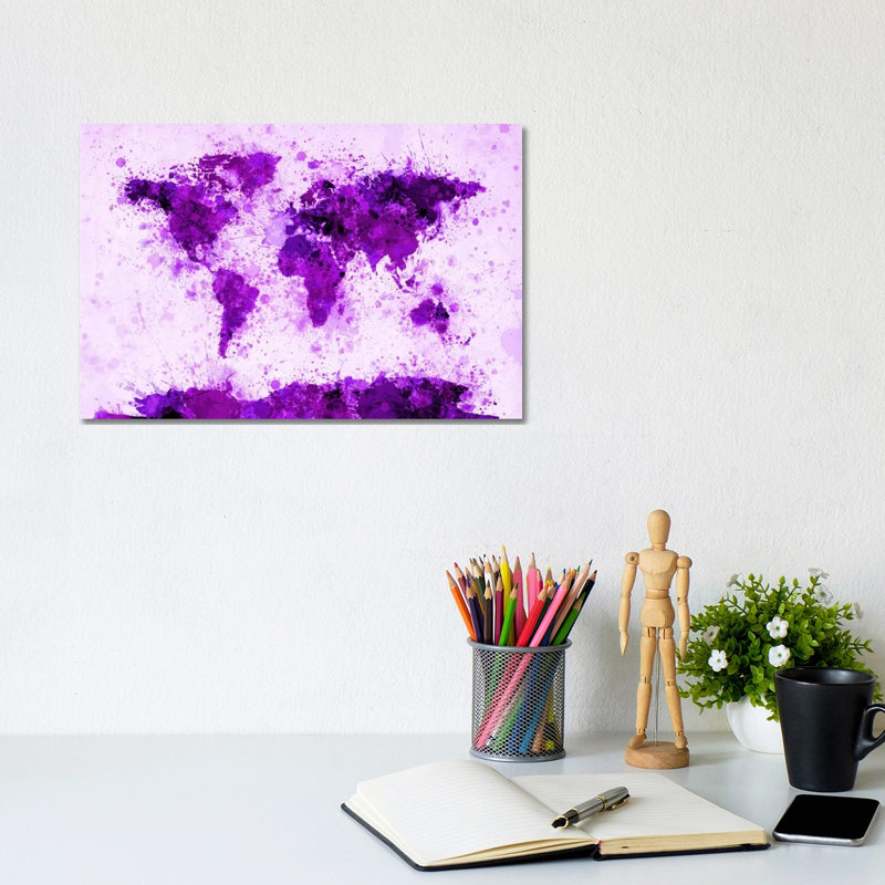 World Map Paint Splashes (Purple) by Michael Tompsett - Wrapped Canvas Print, 20.32 cm H x 30.48 cm W