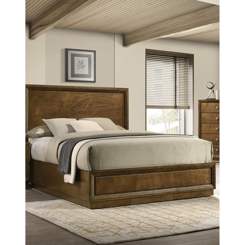 Structure de lit simple en bois de noyer avec tête de lit haute, bois d'hévéa massif, design transitionnel, couleur de chambre à coucher, look, option de mise à niveau