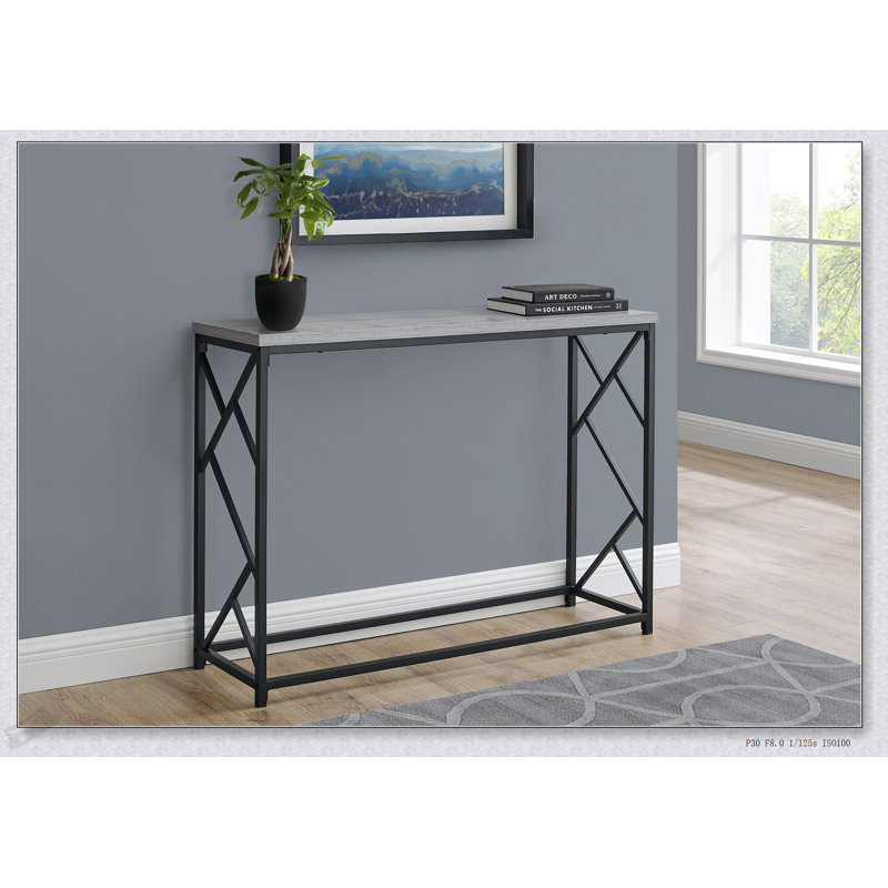 Console moderne moderne avec plateau en stratifié gris et base en métal, parfaite pour les entrées et les côtés des canapés.